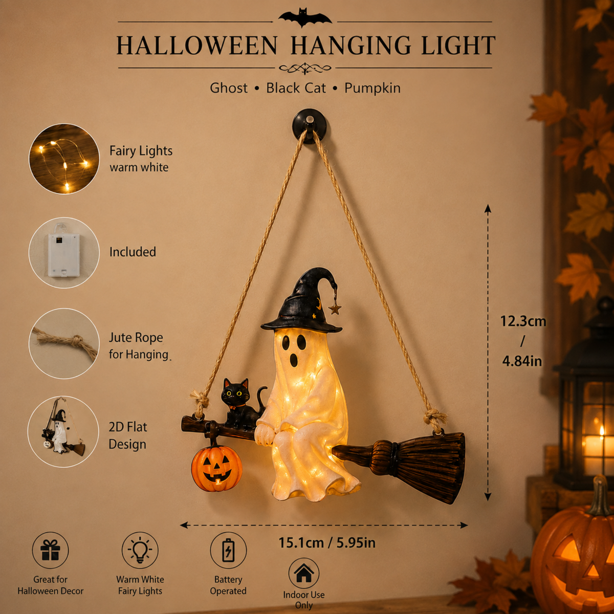 Hanging Ghost Black Cat Pumpkin Lantern – Halloween Decor