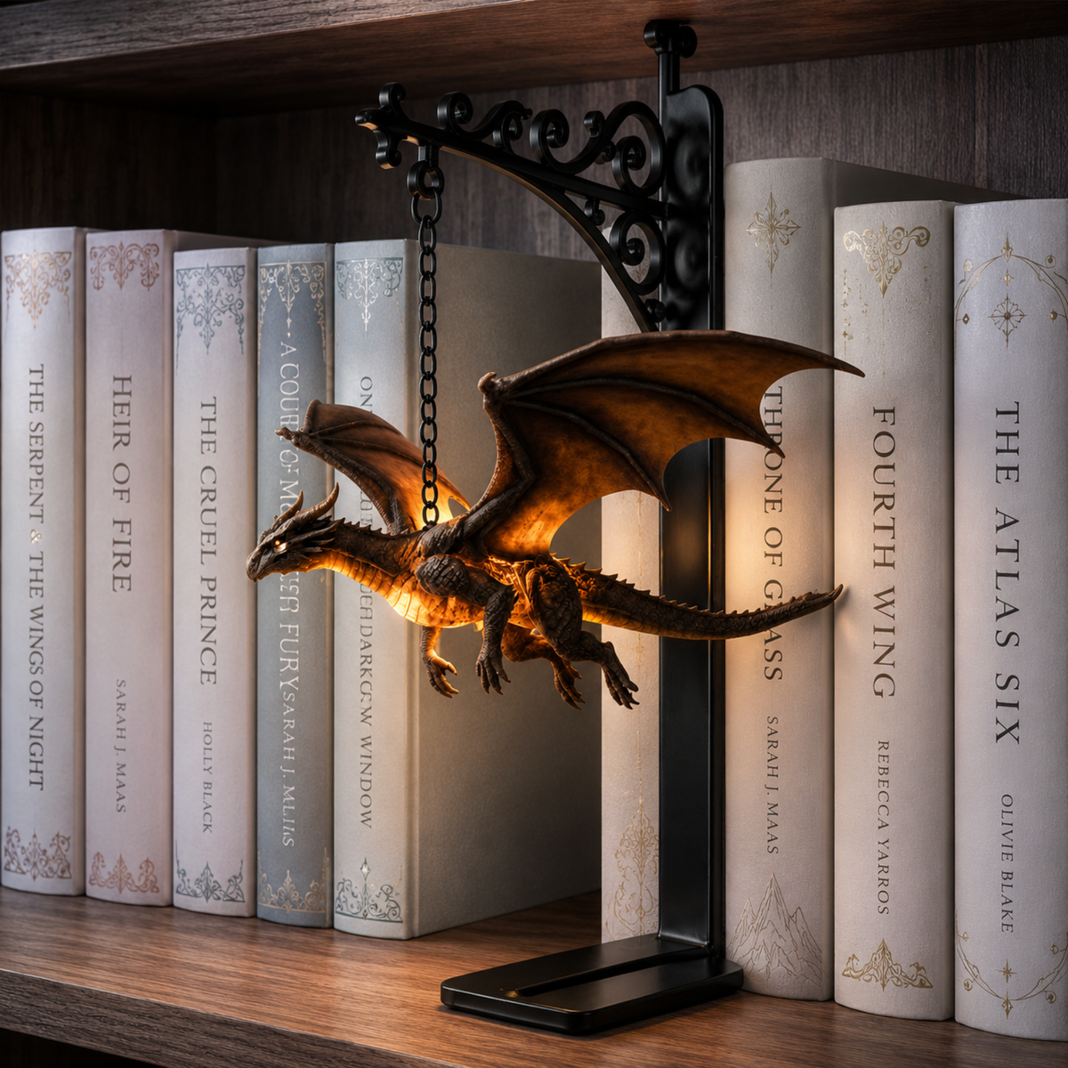 Dragon Bookshelf Lamp, Gothic LED Night Light, Fantasy Book Nook Decor