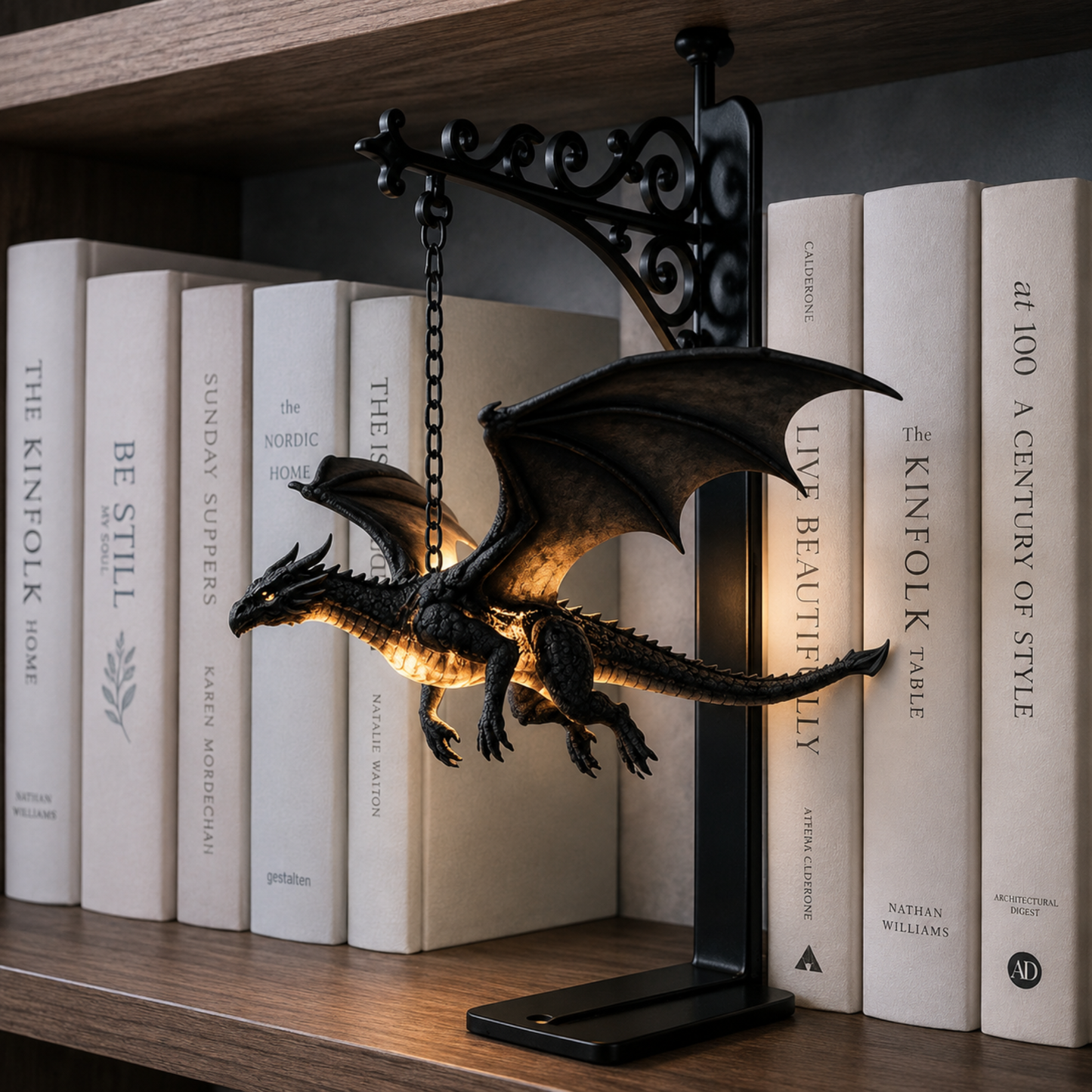 Dragon Bookshelf Lamp, Gothic LED Night Light, Fantasy Book Nook Decor