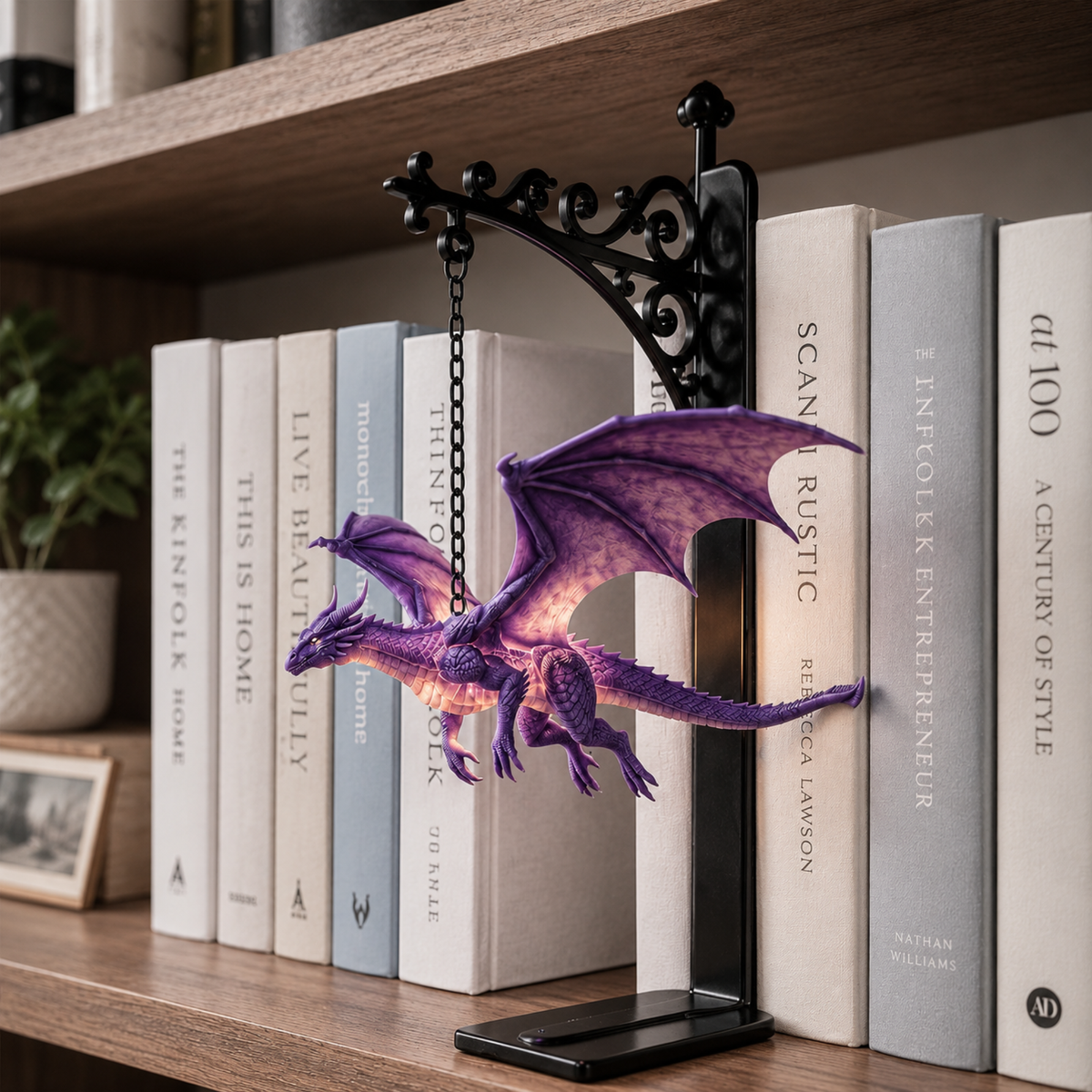 Dragon Bookshelf Lamp, Gothic LED Night Light, Fantasy Book Nook Decor