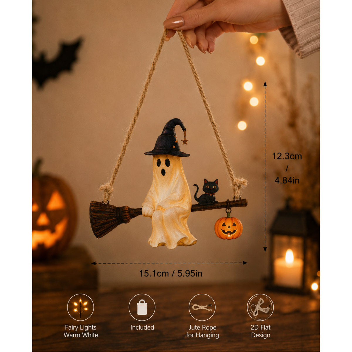 Hanging Ghost Black Cat Pumpkin Lantern – Halloween Decor
