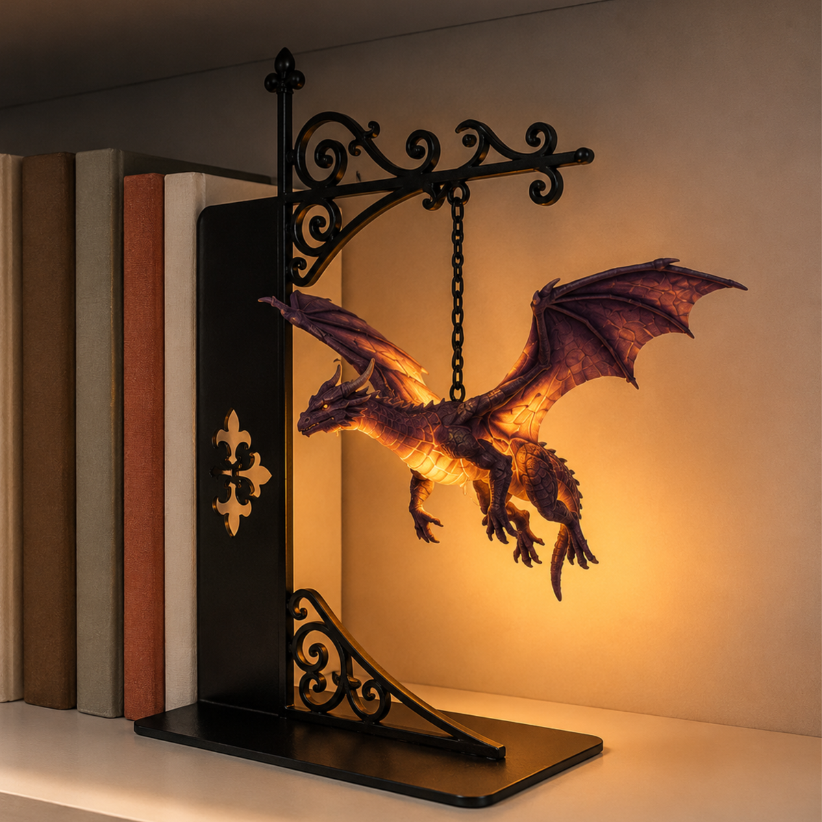 Dragon Bookshelf Lamp, Gothic LED Night Light, Fantasy Book Nook Decor